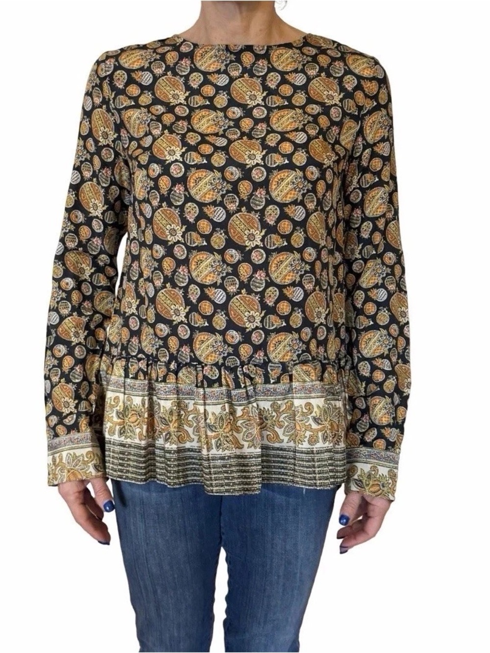 SUNO Silk Blend Black and Mustard Paisley Peplum Hem Blouse